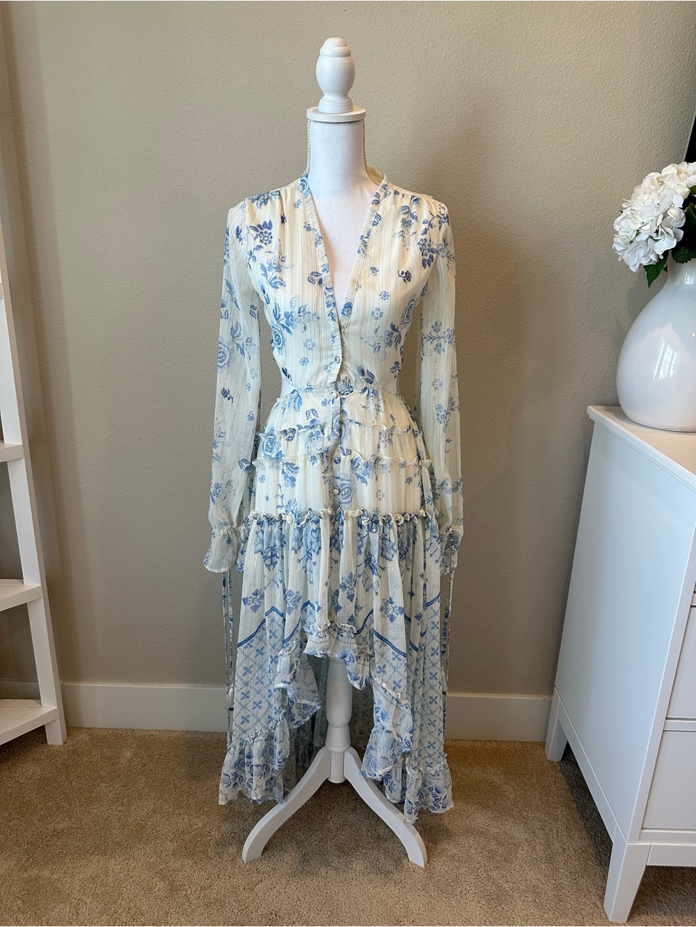 Chicwish Cream and Blue Floral High-Low Tiered Dress